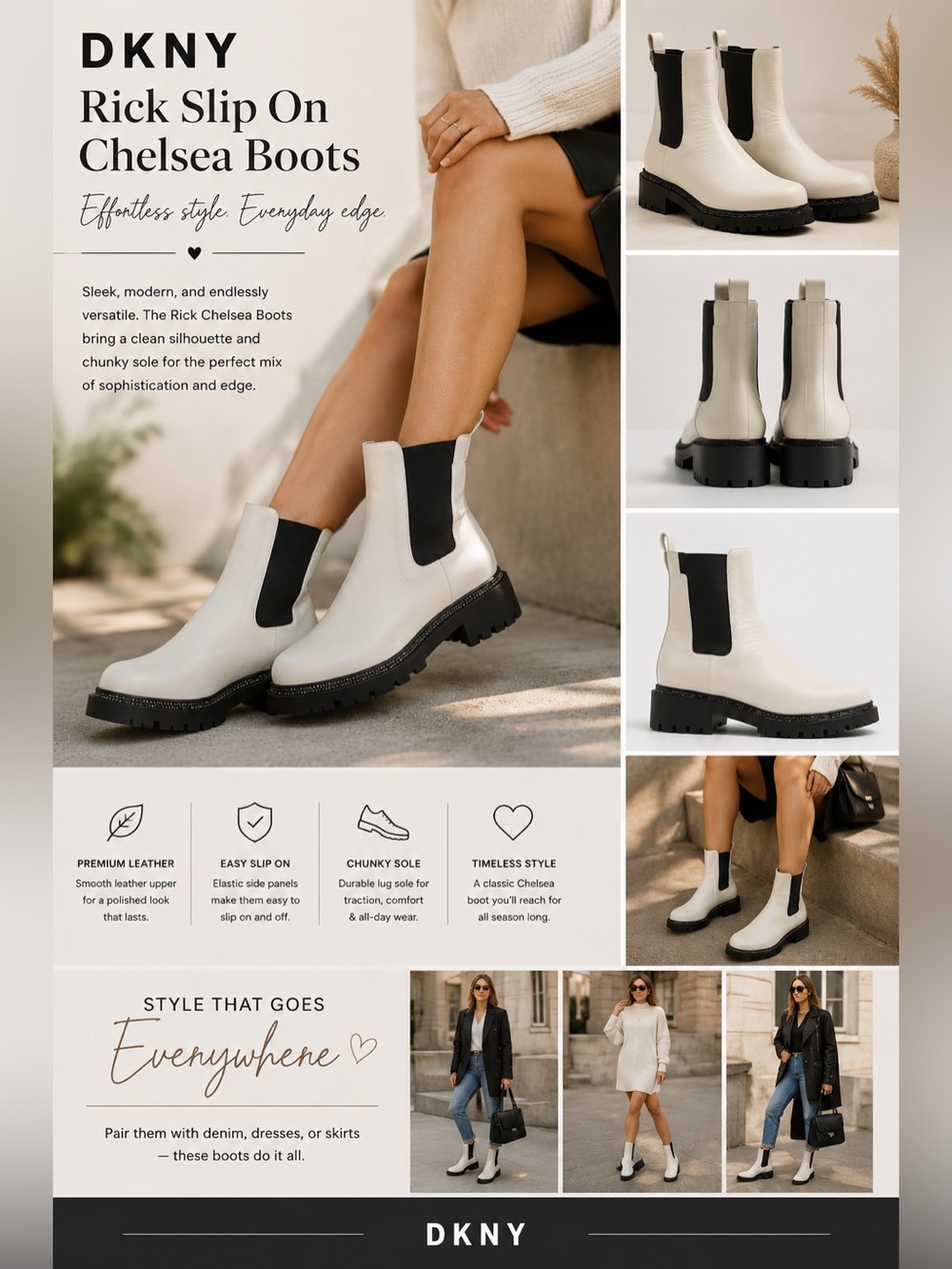 DKNY Rick Slip On Leather Chelsea Boots Vanilla 8.5
